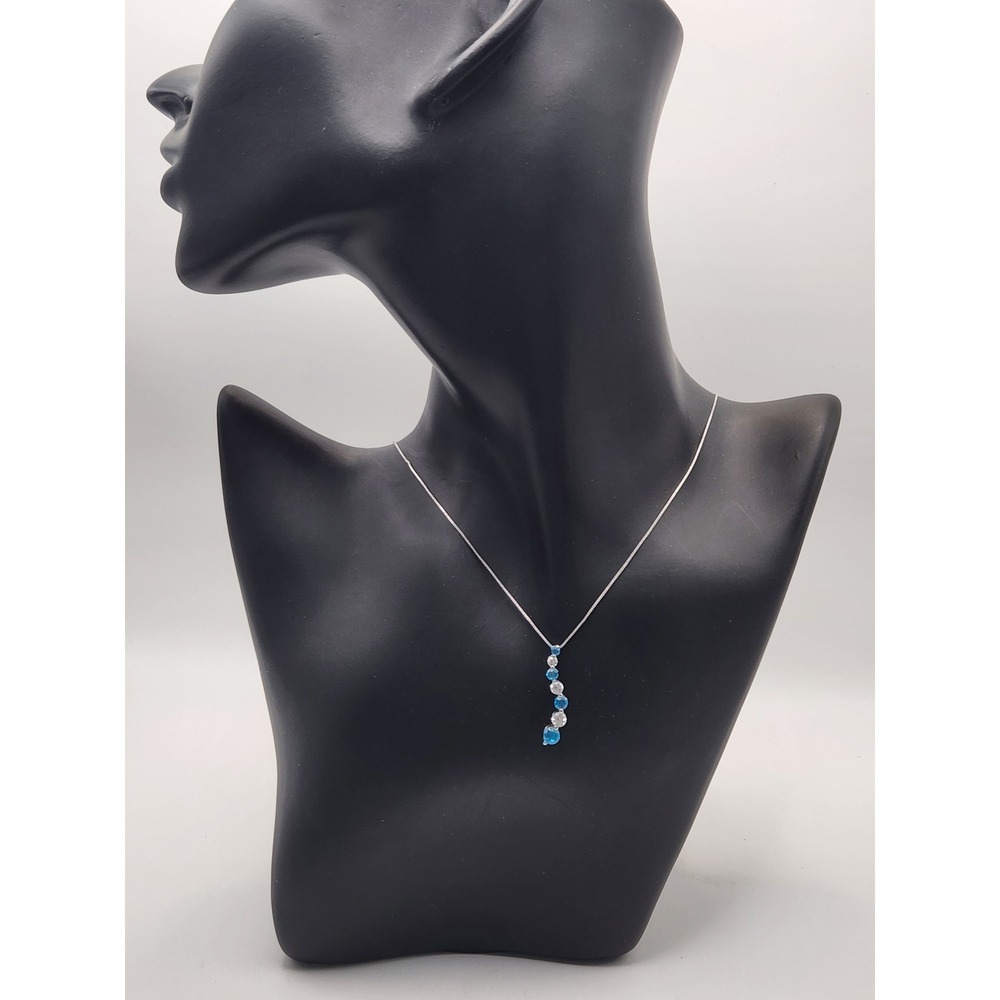 SAI 925 Sterling Silver Blue Clear Stone Curved Drop Pendant Box Chain Necklace